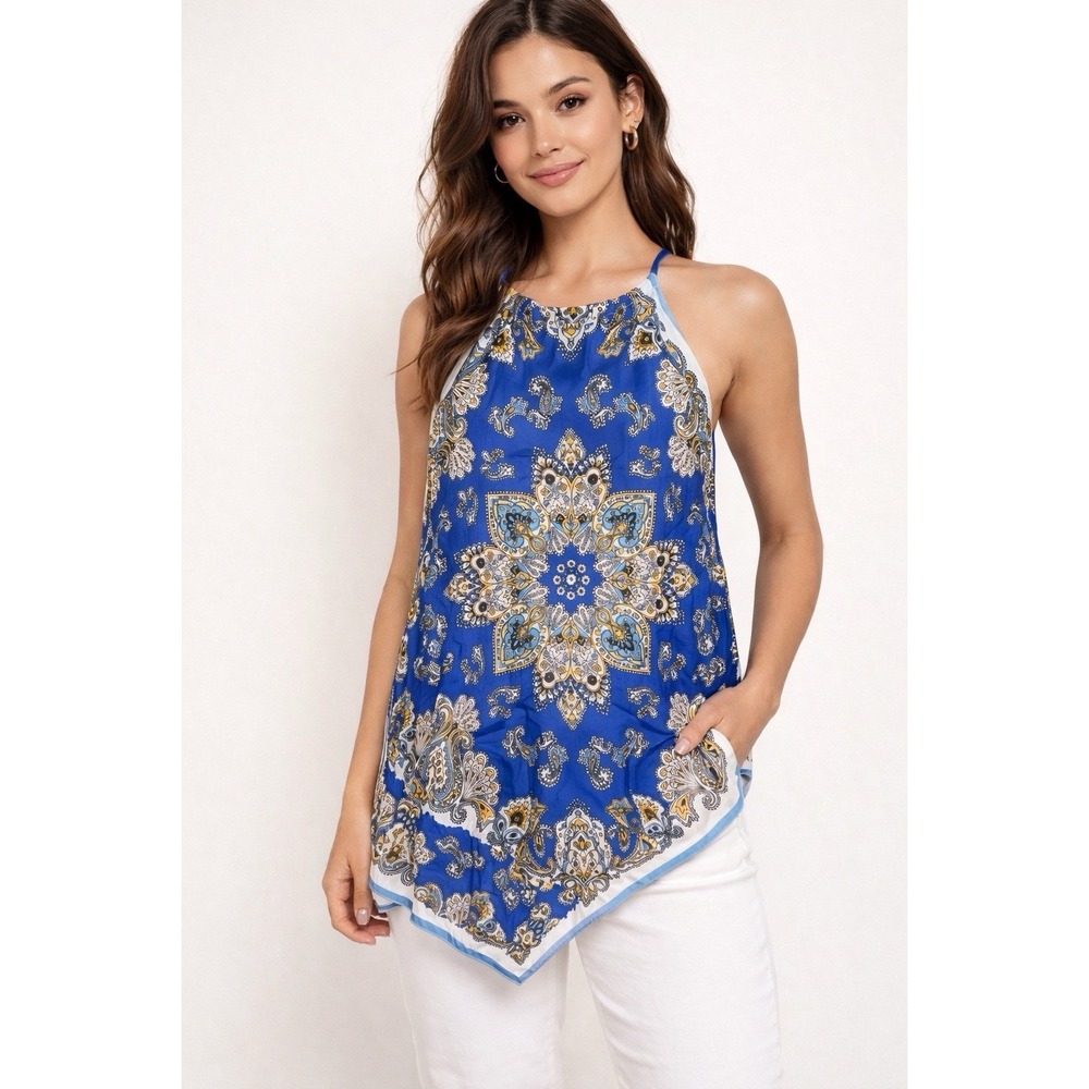 Zara Bandana Tank Top Blue Paisley Floral Scarf Handkerchief Halter Boho Small